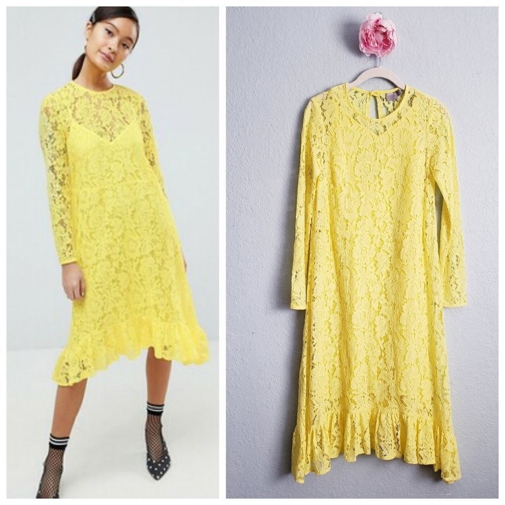 ASOS Yellow Lace Long Sleeve Midi Dress